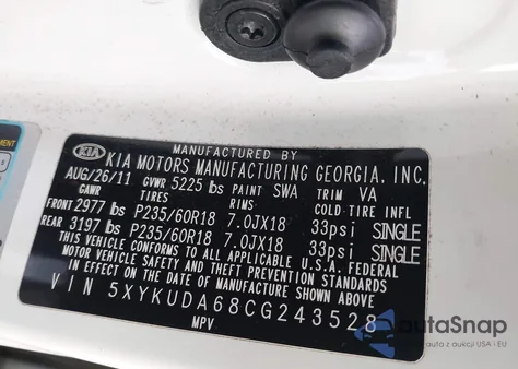 2012 Kia Sorento Ex z USA, uszkodzony, nr VIN 5XYKUDA68CG243528